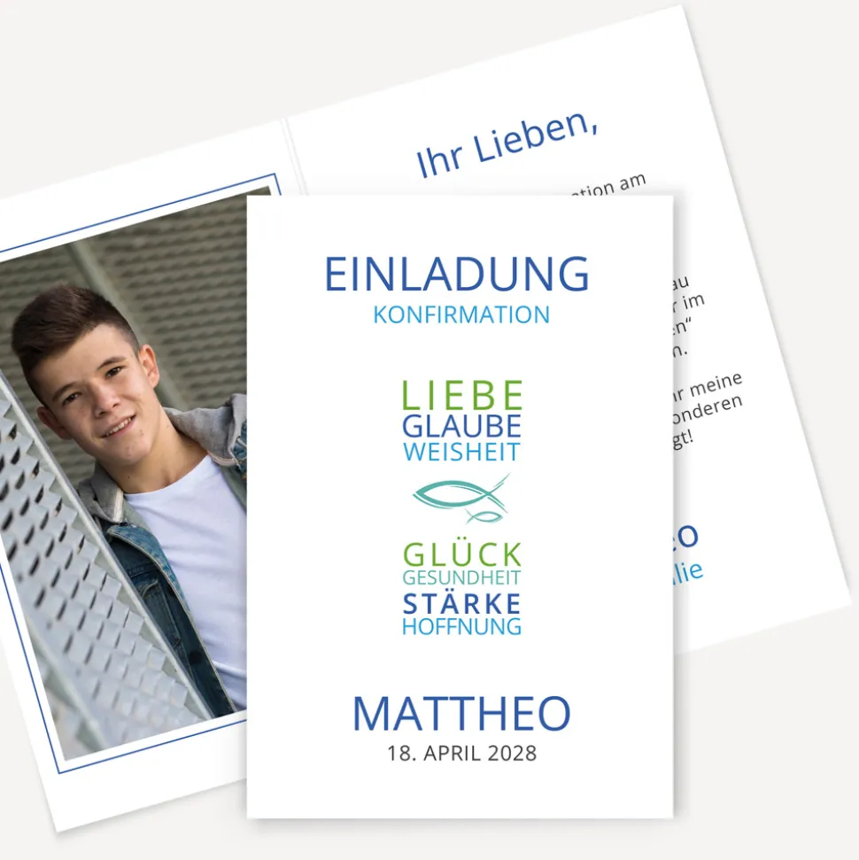Einladung Konfirmation Junge "Liebe Glaube Weisheit"