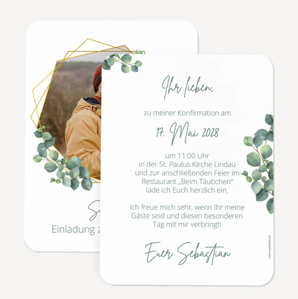 Einladung Konfirmation runde Ecken "Eukalyptus Geometrie"