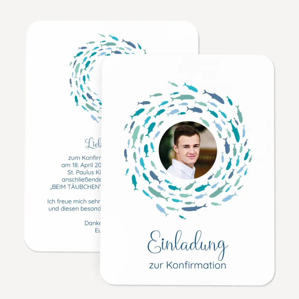 Einladung Konfirmation runde Ecken "Fischschwarm"