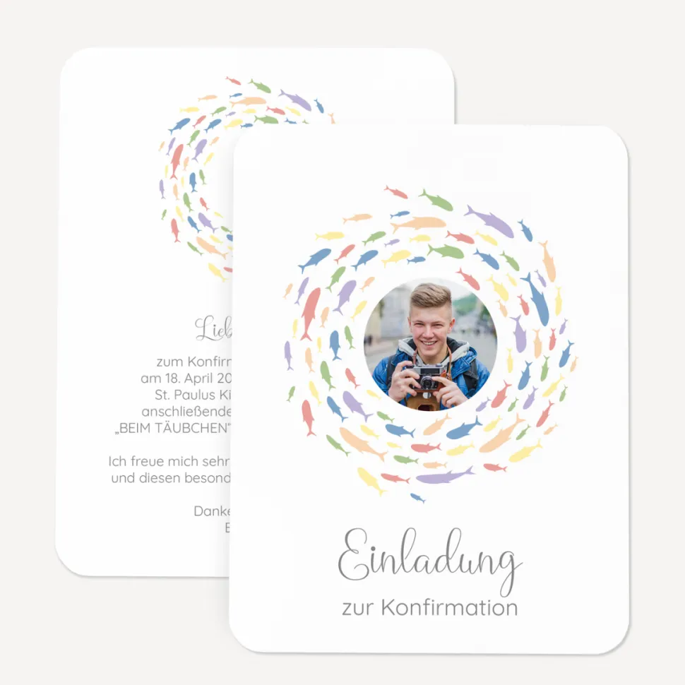 Einladung Konfirmation runde Ecken "Fischschwarm"