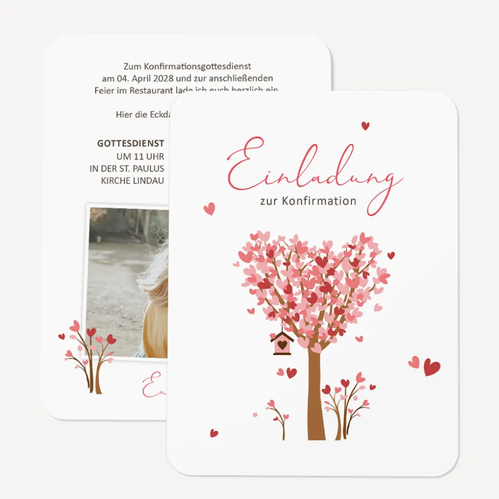 Einladung Konfirmation runde Ecken "Baum Herzen"