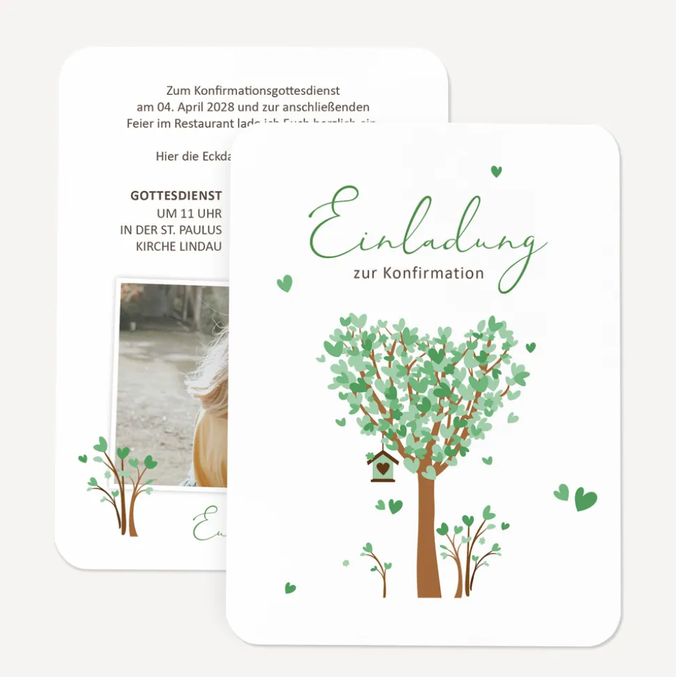 Einladung Konfirmation runde Ecken "Baum Herzen"