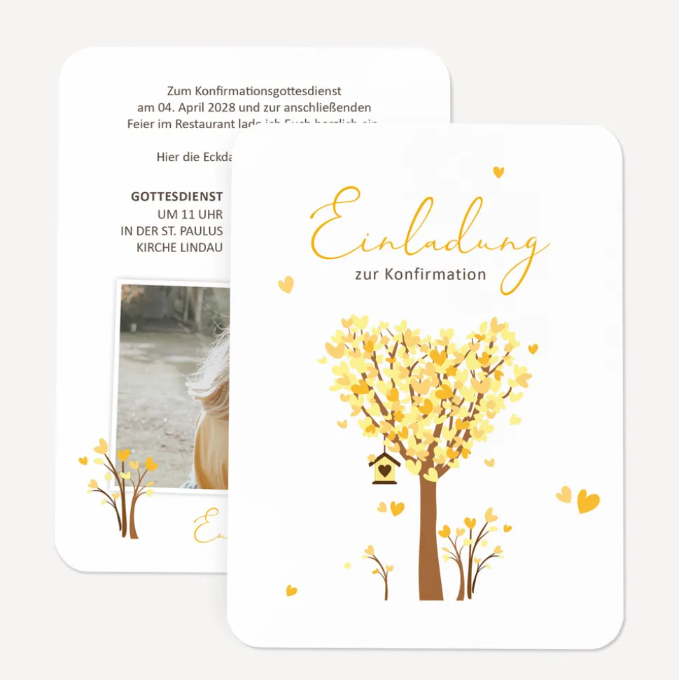 Einladung Konfirmation runde Ecken "Baum Herzen"