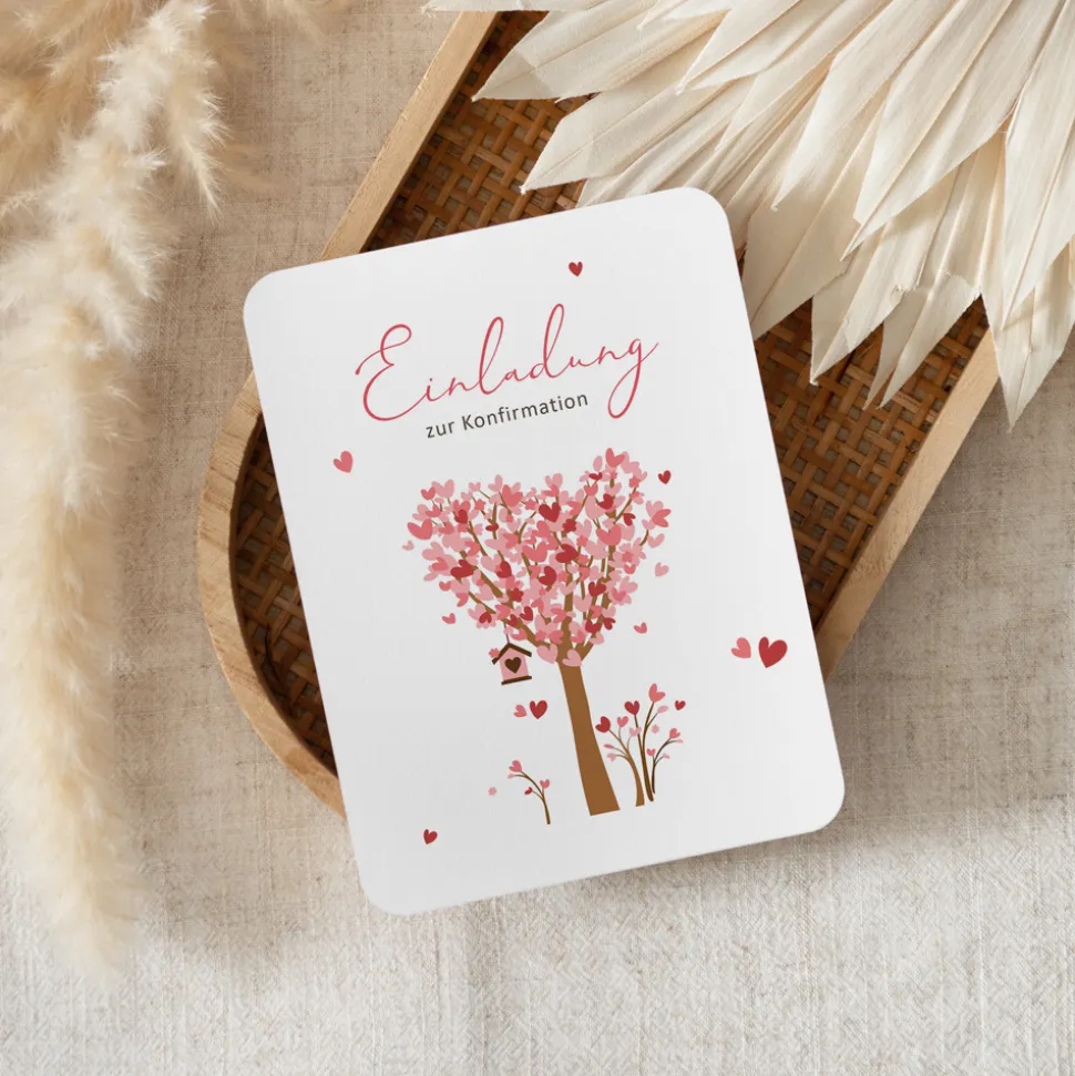 Einladung Konfirmation runde Ecken "Baum Herzen"