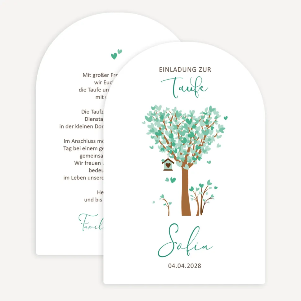 Einladung Taufe Bogenkarte "Baum Herzen"