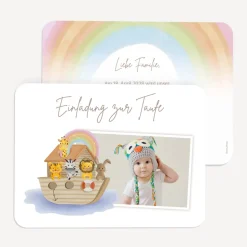 Einladung Taufe runde Ecken "Arche Noah Regenbogen Pastell"