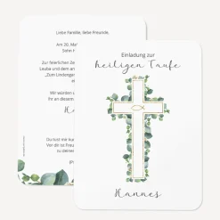 Einladung Taufe runde Ecken "Eukalyptus Kreuz"