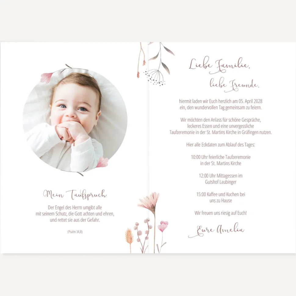 Einladung Taufe "Wild Flowers" mit Juteband