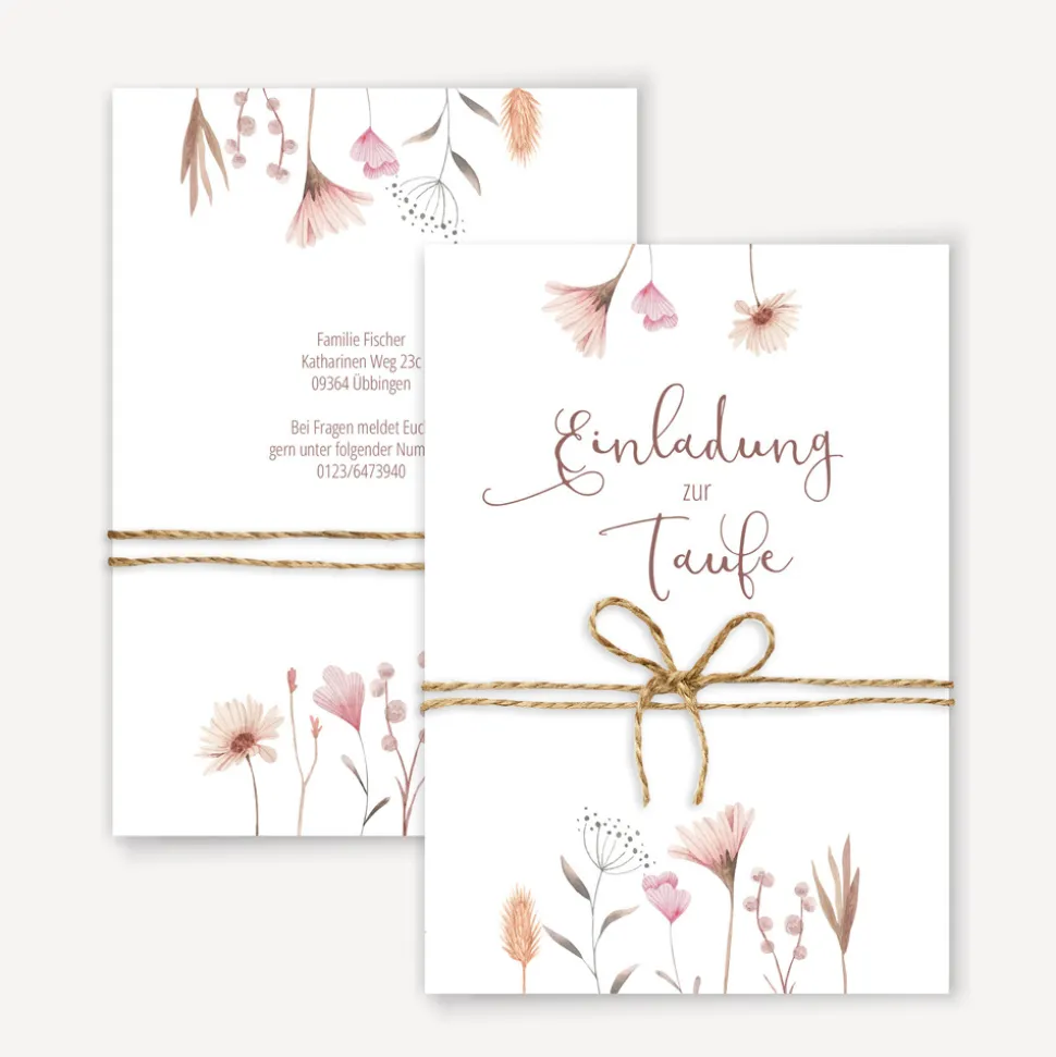 Einladung Taufe "Wild Flowers" mit Juteband