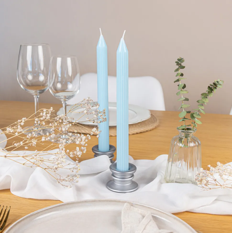 2er Set Stabkerzen mit Rillen hellblau 25 cm