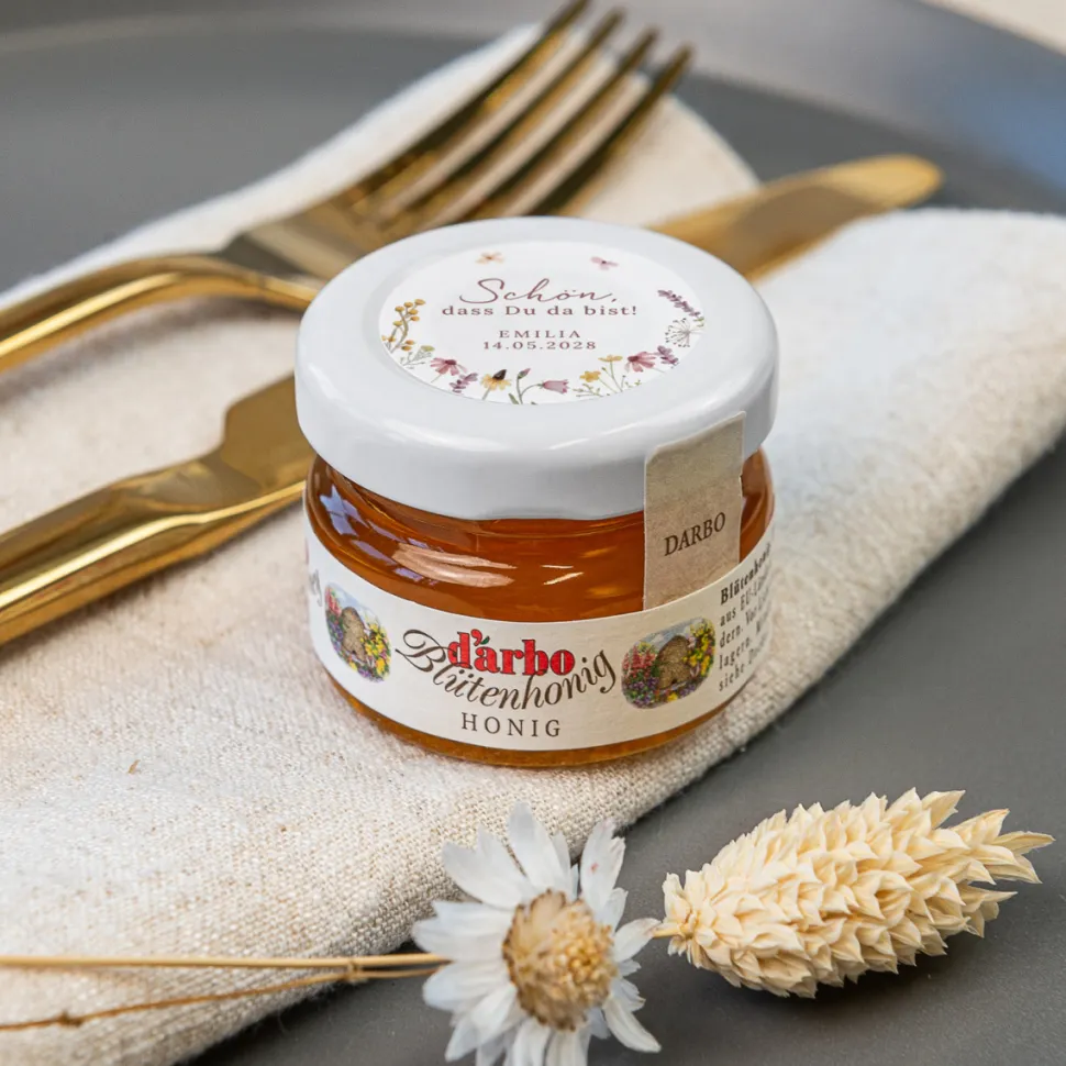 Gastgeschenk Blütenhonig mit Aufkleber "Wildromantische Blüten"