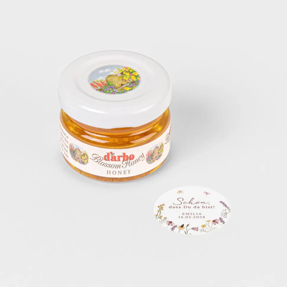 Gastgeschenk Blütenhonig mit Aufkleber "Wildromantische Blüten"