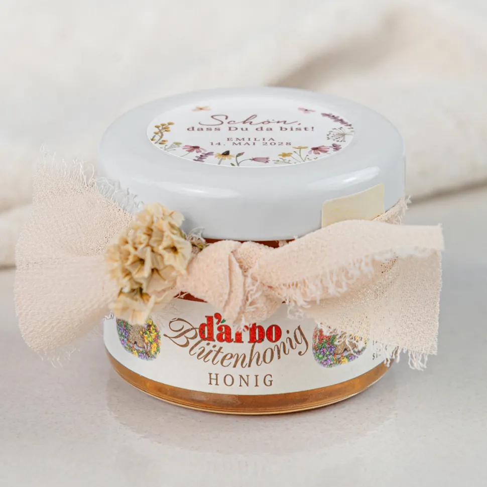 Gastgeschenk Blütenhonig mit Aufkleber "Wildromantische Blüten"