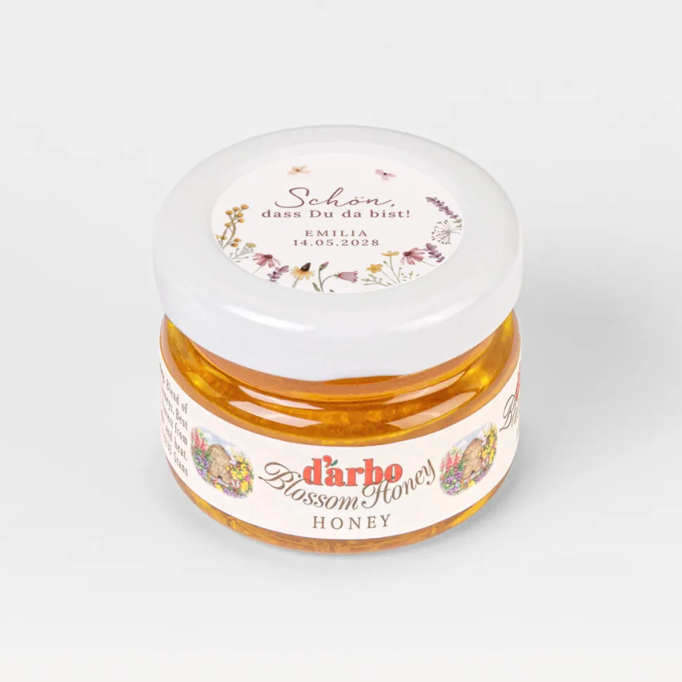 Gastgeschenk Blütenhonig mit Aufkleber "Wildromantische Blüten"