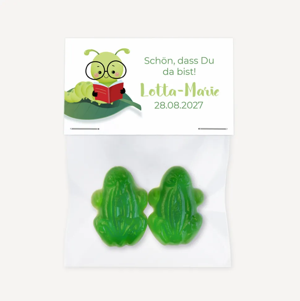 Gastgeschenk Einschulung Tüte transparent + Etikett "Bücherwurm"