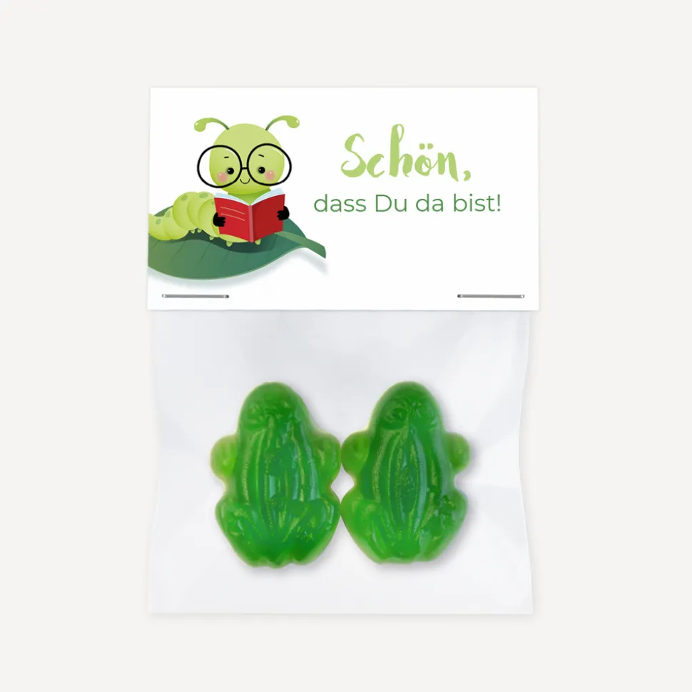 Gastgeschenk Einschulung Tüte transparent + Etikett "Bücherwurm"