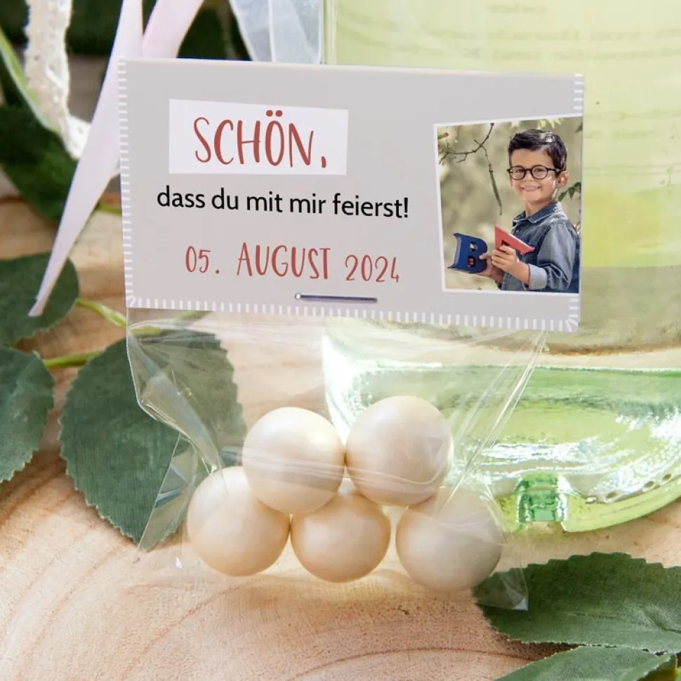 Gastgeschenk Einschulung Tüte transparent + Etikett "Schule"