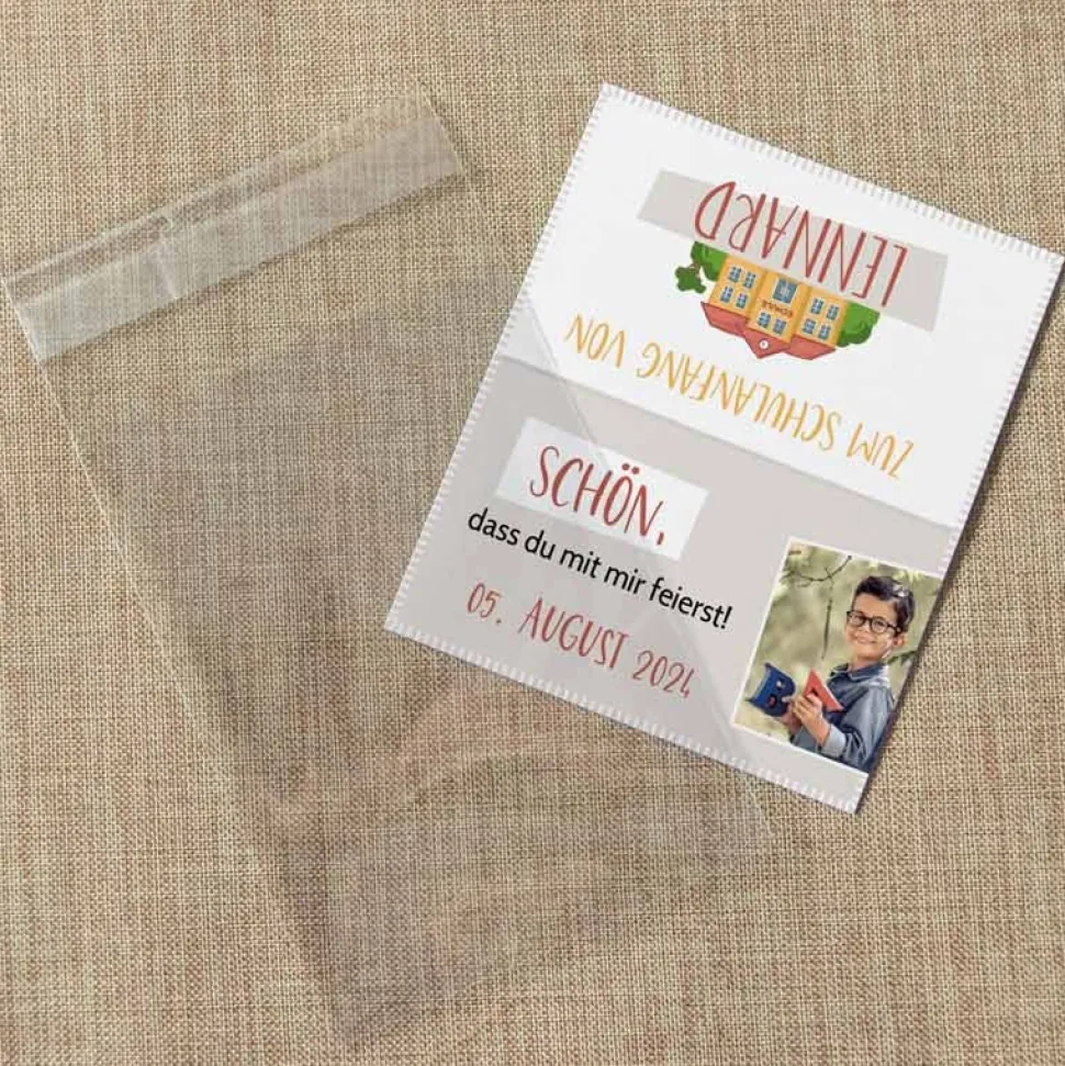 Gastgeschenk Einschulung Tüte transparent + Etikett "Schule"