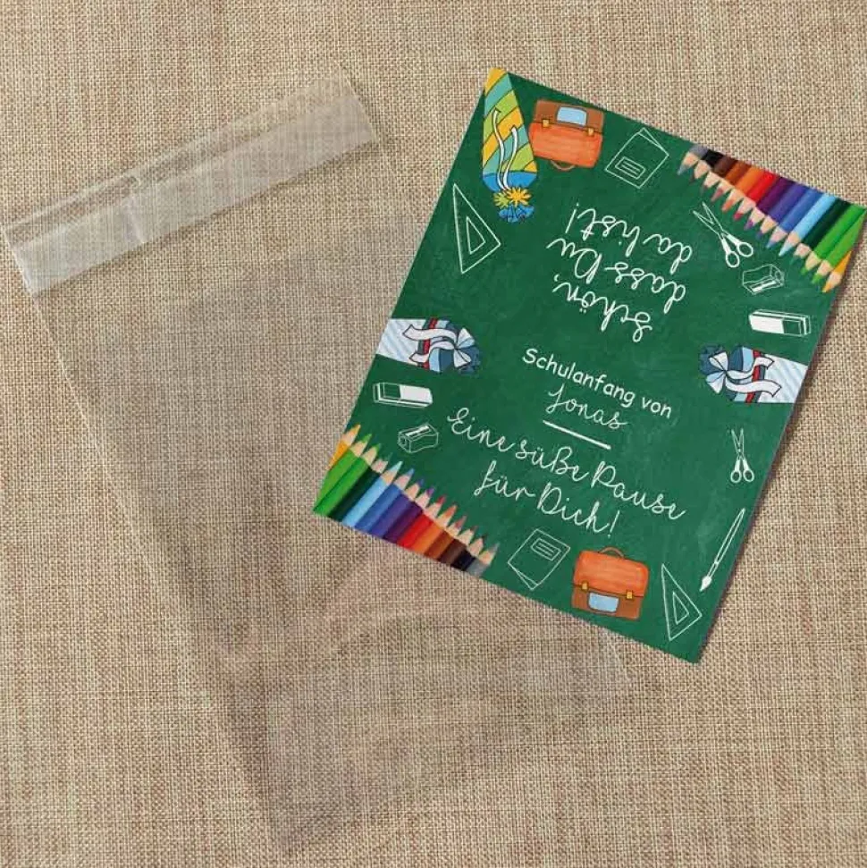 Gastgeschenk Einschulung Tüte transparent + Etikett "Stifte"