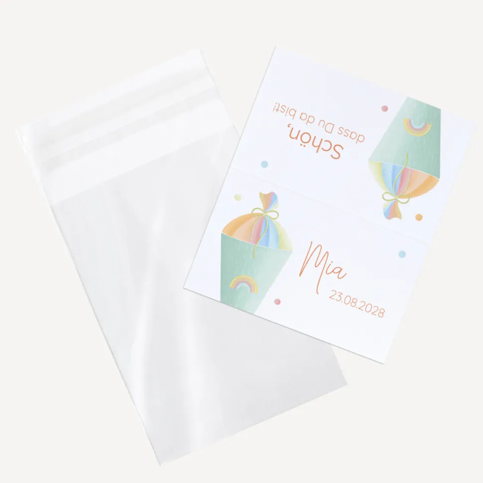 Gastgeschenk Einschulung Tüte transparent + Etikett "Zuckertüte modern"