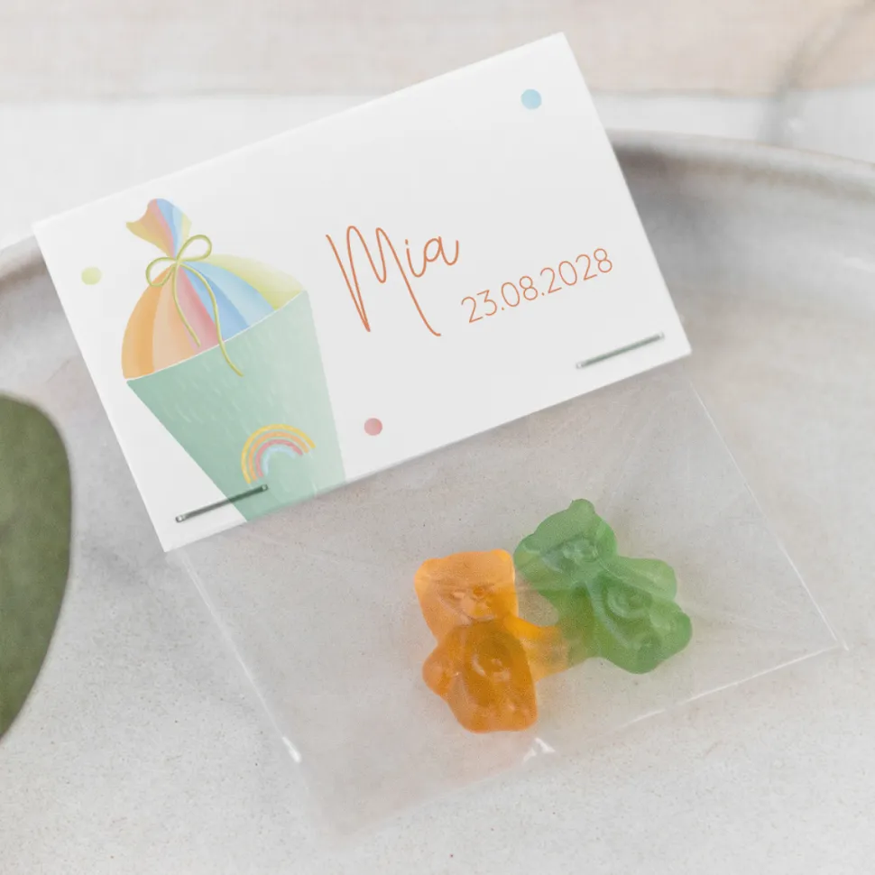 Gastgeschenk Einschulung Tüte transparent + Etikett "Zuckertüte modern"
