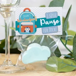 Gastgeschenk Einschulung Tüte transparent + Etikett "Schulranzen"
