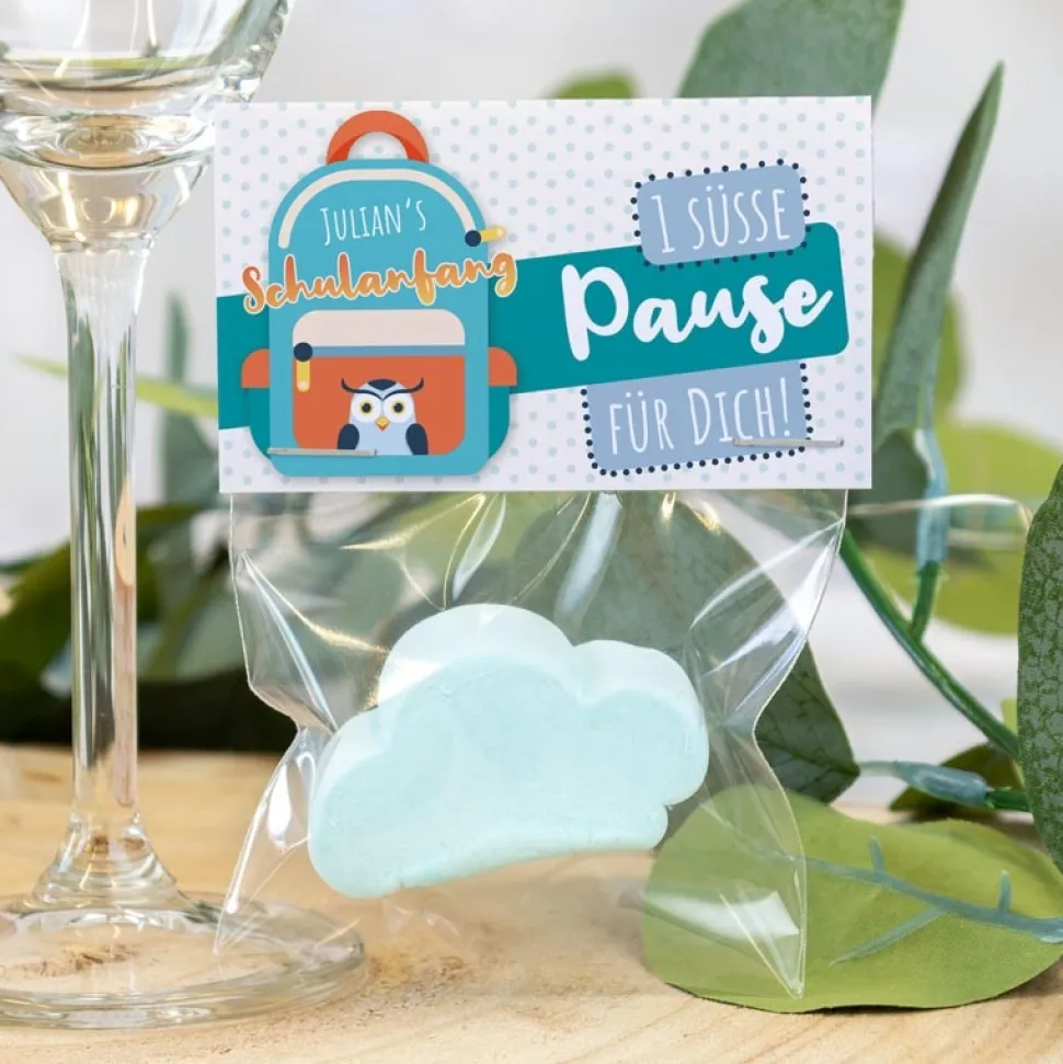 Gastgeschenk Einschulung Tüte transparent + Etikett "Schulranzen"