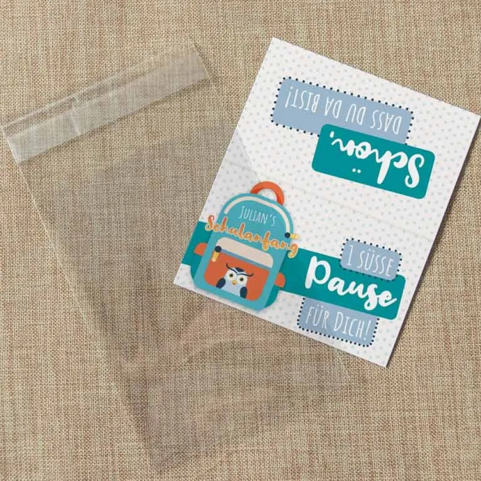 Gastgeschenk Einschulung Tüte transparent + Etikett "Schulranzen"
