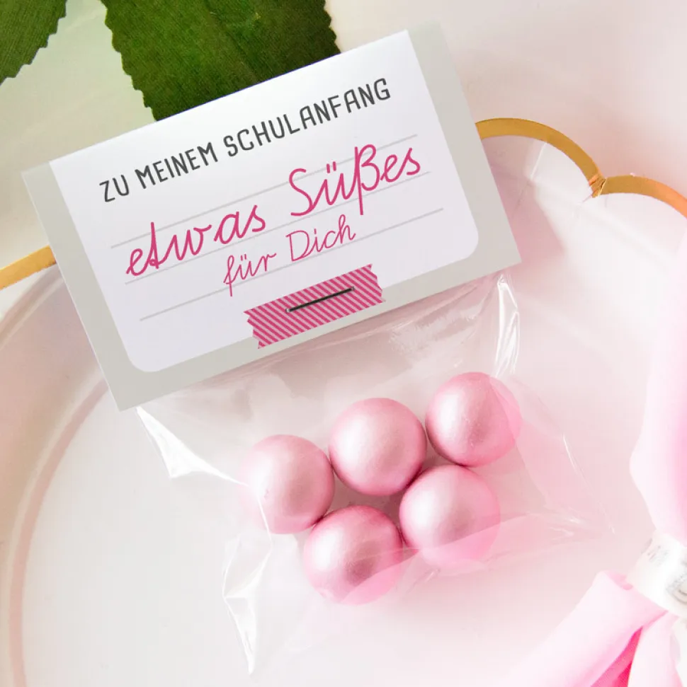 Gastgeschenk Einschulung Tüte transparent + Etikett "Schulheft"