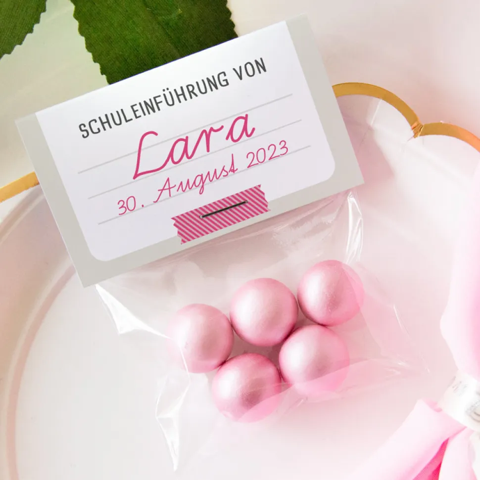 Gastgeschenk Einschulung Tüte transparent + Etikett "Schulheft"