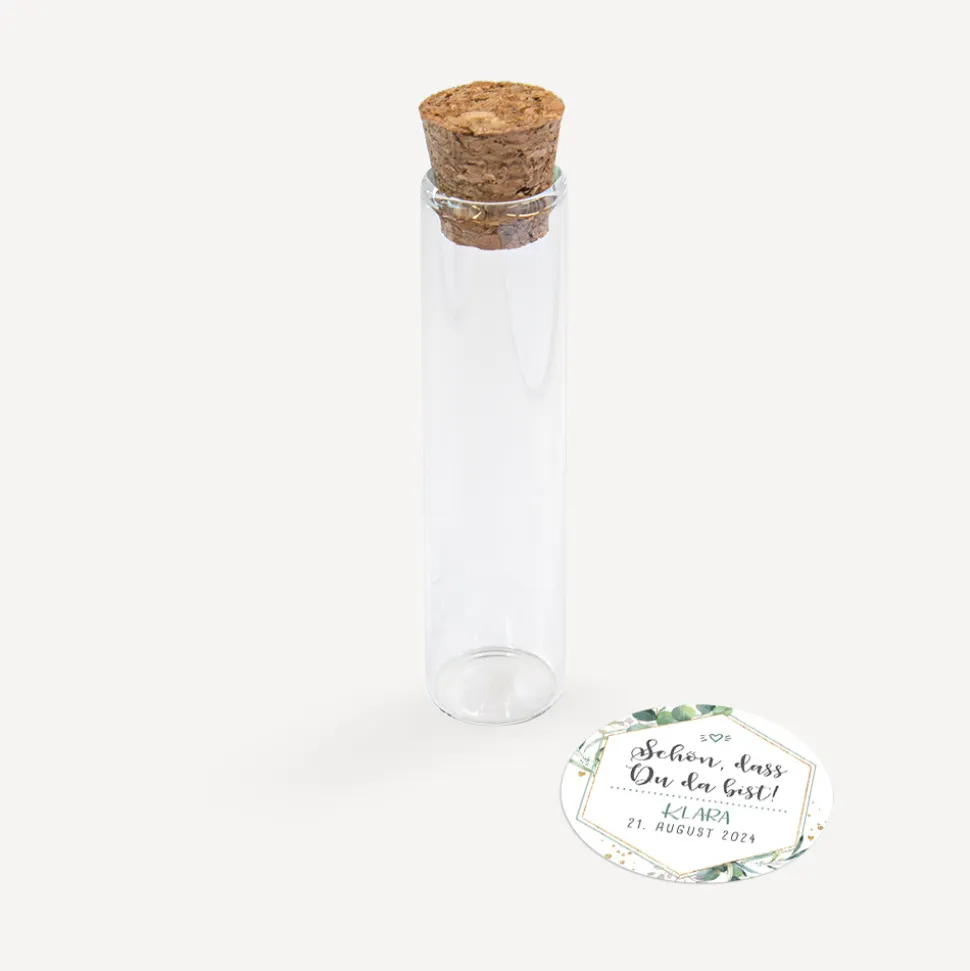 Gastgeschenk Glasröhrchen mit Korken und Aufkleber "Aquarell Eukalyptus Zweige"