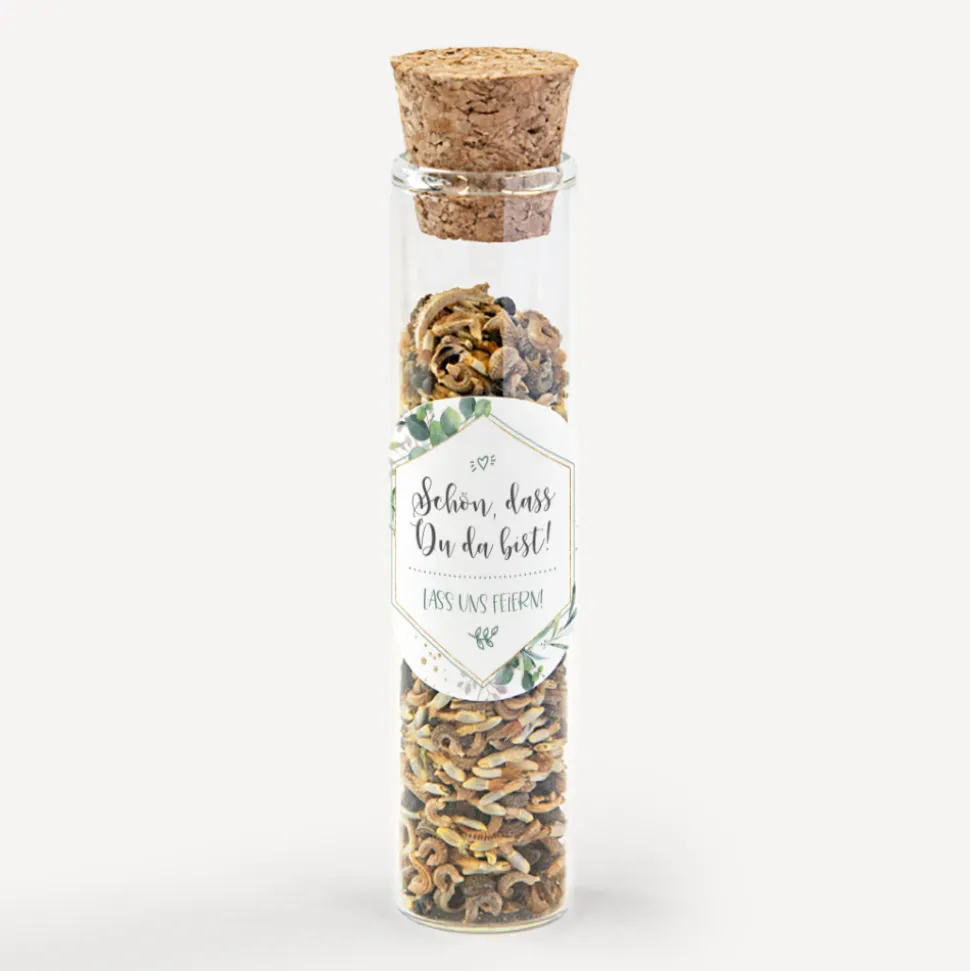 Gastgeschenk Glasröhrchen mit Korken und Aufkleber "Aquarell Eukalyptus Zweige"
