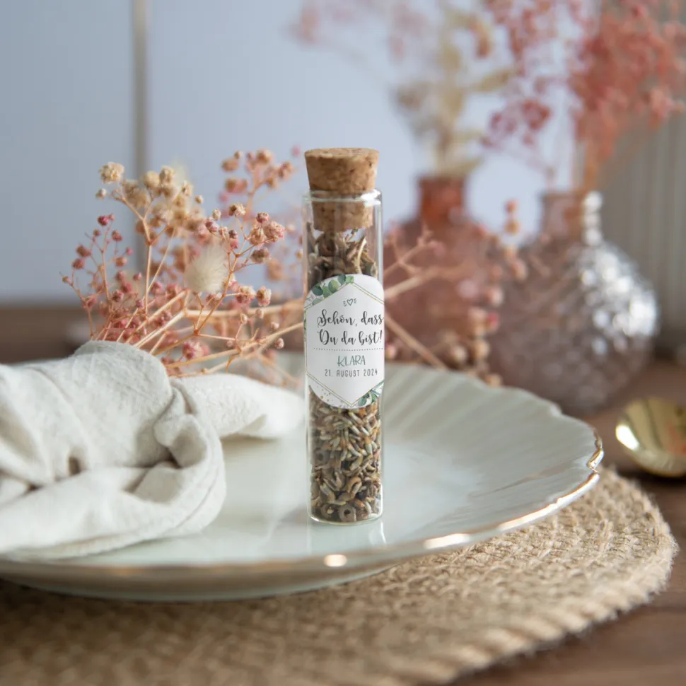 Gastgeschenk Glasröhrchen mit Korken und Aufkleber "Aquarell Eukalyptus Zweige"