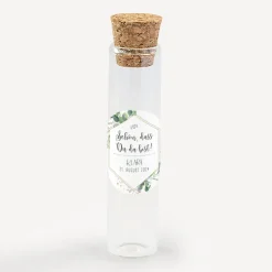 Gastgeschenk Glasröhrchen mit Korken und Aufkleber
