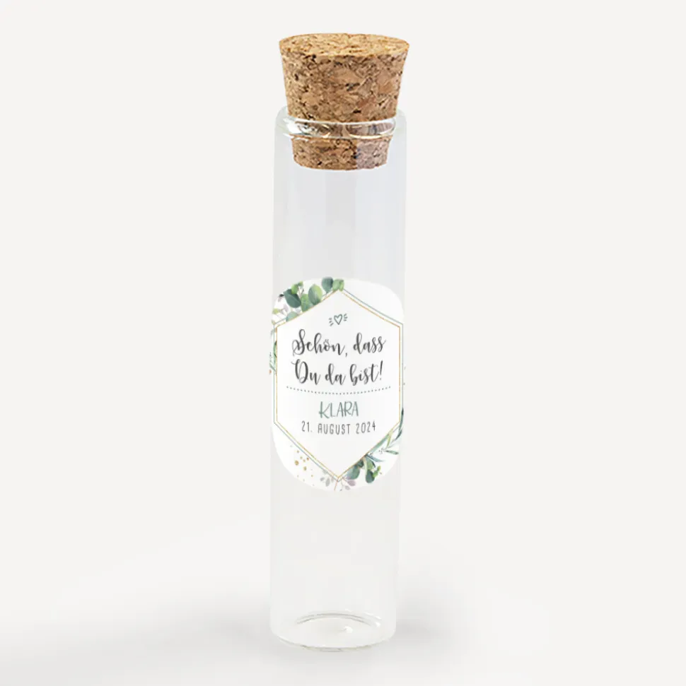 Gastgeschenk Glasröhrchen mit Korken und Aufkleber "Aquarell Eukalyptus Zweige"