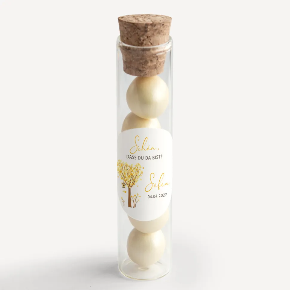 Gastgeschenk Glasröhrchen mit Korken und Aufkleber "Baum Herzen"