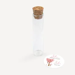 Gastgeschenk Glasröhrchen mit Korken und Aufkleber "Baum Herzen"