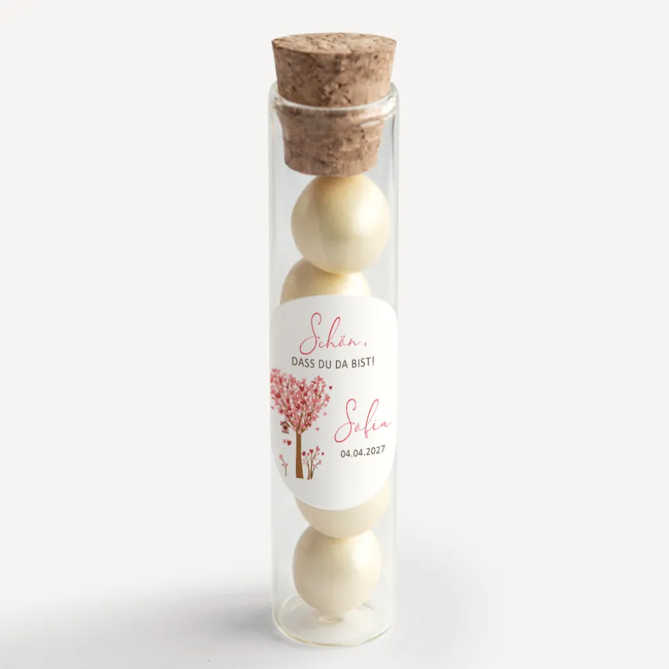 Gastgeschenk Glasröhrchen mit Korken und Aufkleber "Baum Herzen"