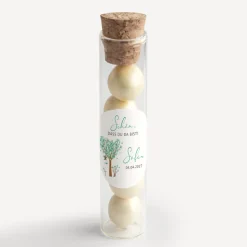 Gastgeschenk Glasröhrchen mit Korken und Aufkleber