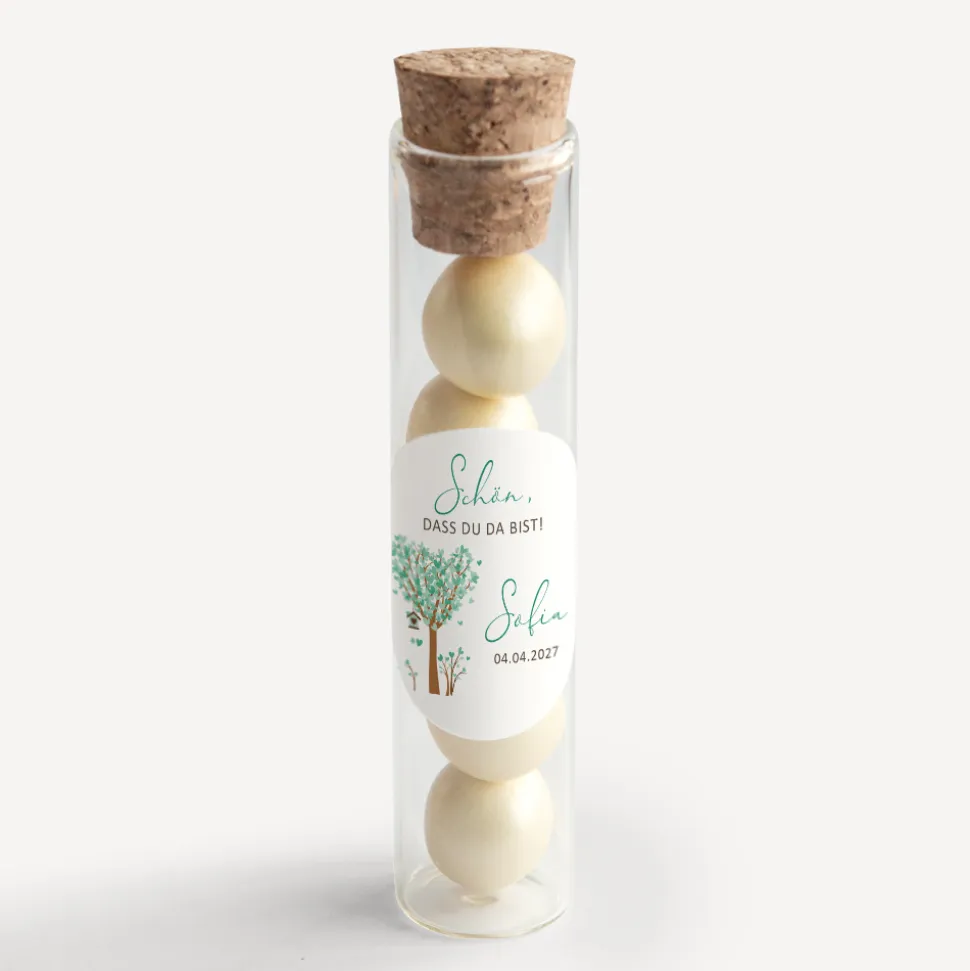 Gastgeschenk Glasröhrchen mit Korken und Aufkleber "Baum Herzen"