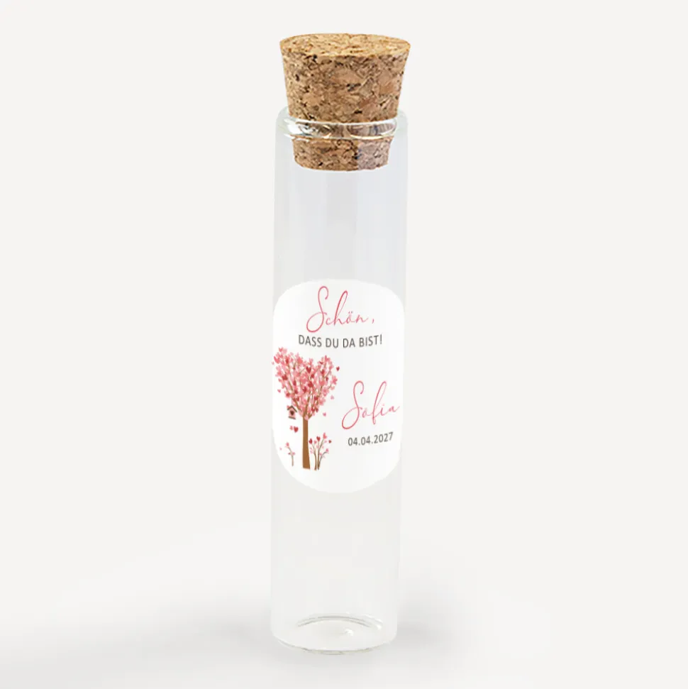 Gastgeschenk Glasröhrchen mit Korken und Aufkleber "Baum Herzen"