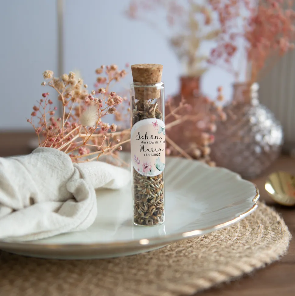Gastgeschenk Glasröhrchen mit Korken und Aufkleber "Schmetterlinge"