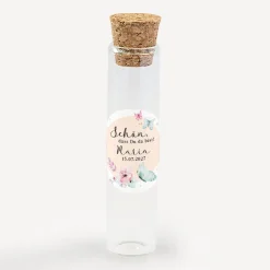 Gastgeschenk Glasröhrchen mit Korken und Aufkleber