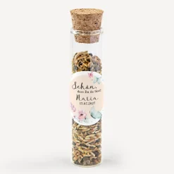 Gastgeschenk Glasröhrchen mit Korken und Aufkleber