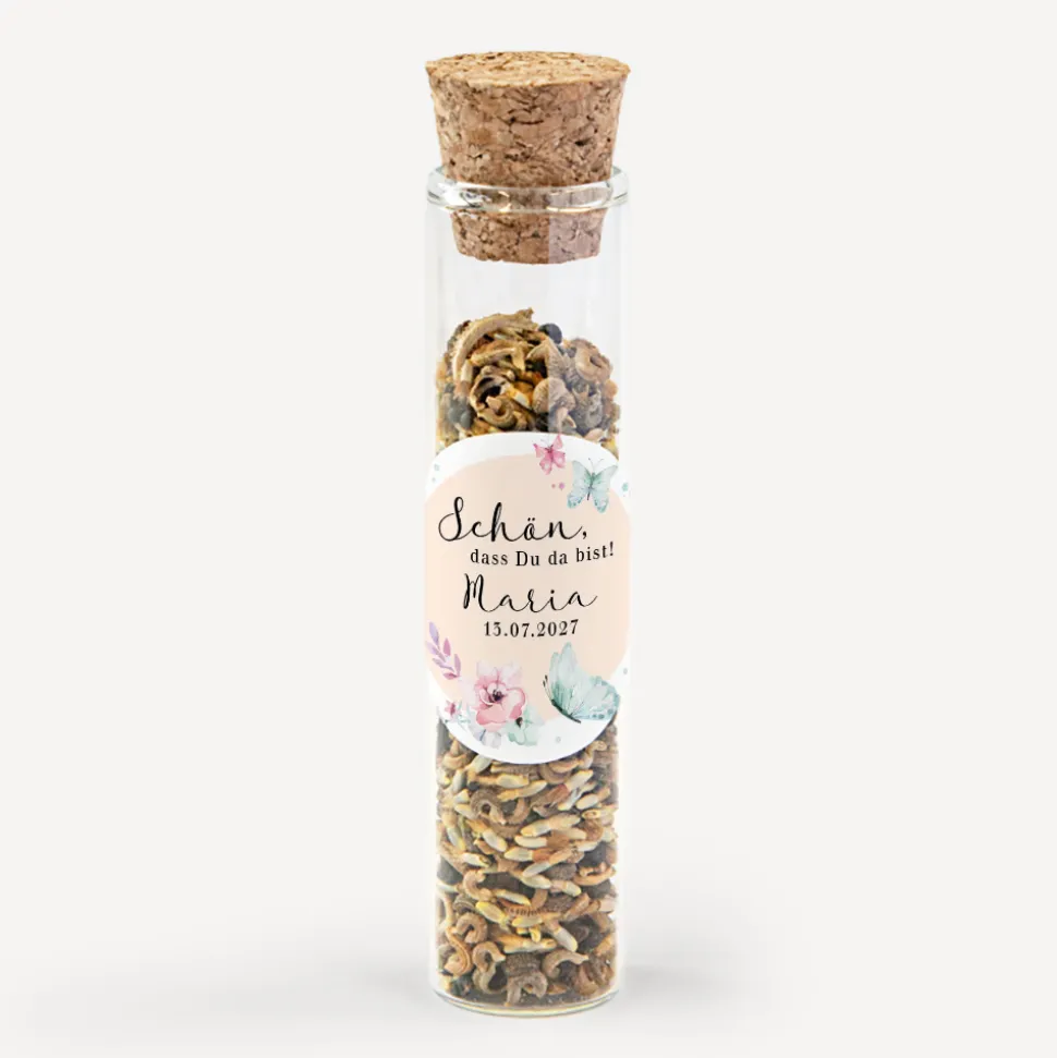 Gastgeschenk Glasröhrchen mit Korken und Aufkleber "Schmetterlinge"
