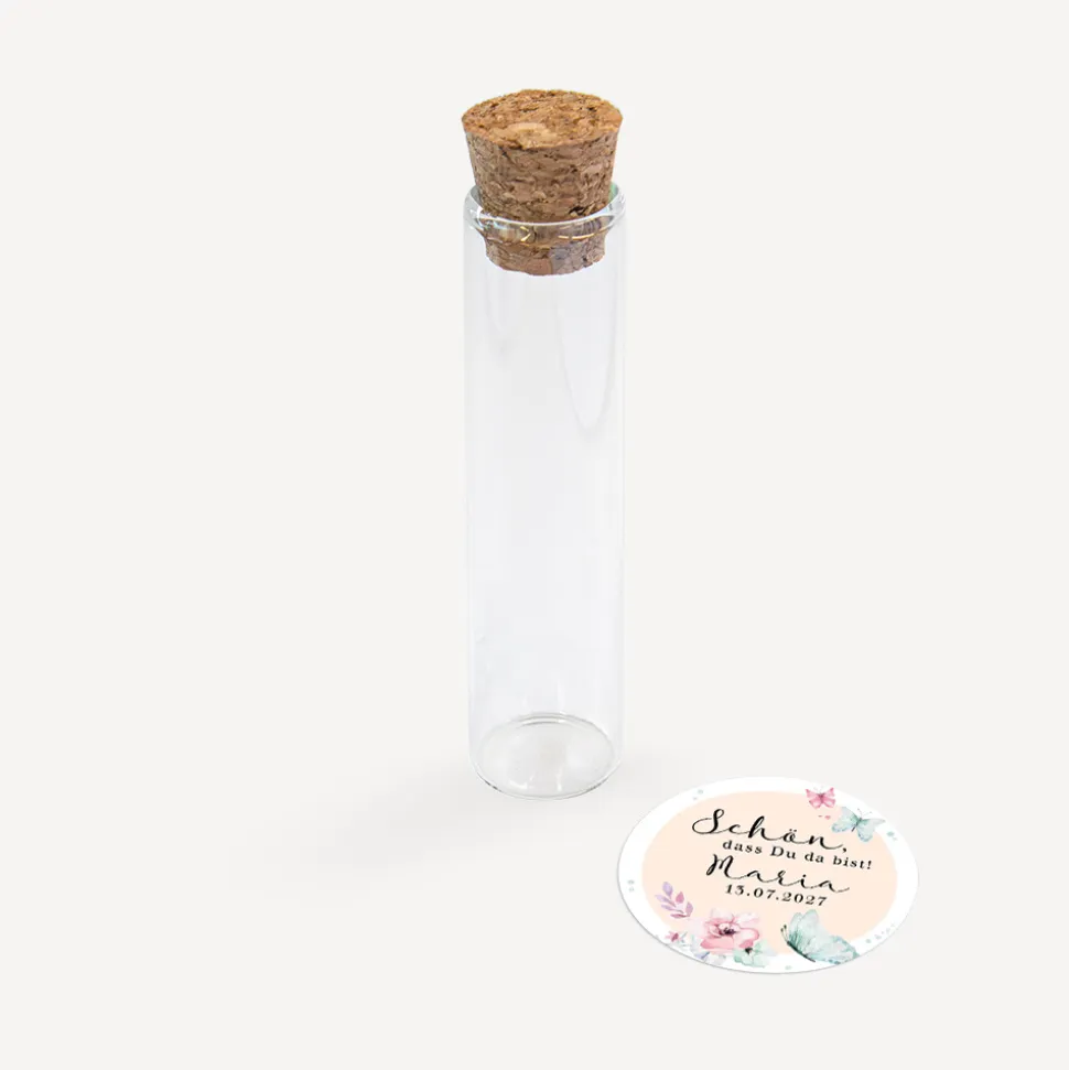 Gastgeschenk Glasröhrchen mit Korken und Aufkleber "Schmetterlinge"