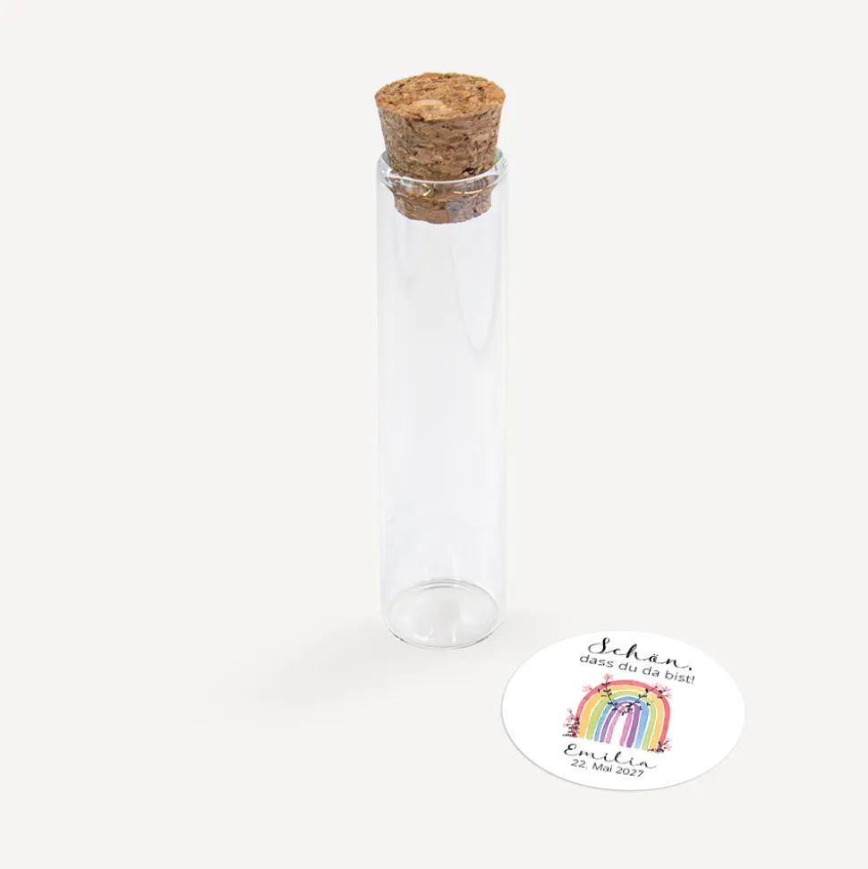 Gastgeschenk Glasröhrchen mit Korken und Aufkleber "Regenbogen Vintage"