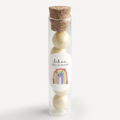 Gastgeschenk Glasröhrchen mit Korken und Aufkleber "Regenbogen Vintage"