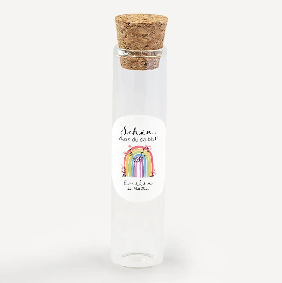 Gastgeschenk Glasröhrchen mit Korken und Aufkleber "Regenbogen Vintage"