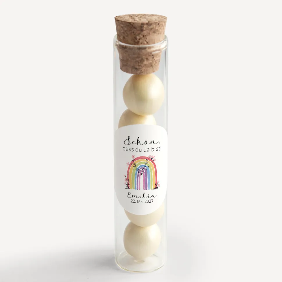 Gastgeschenk Glasröhrchen mit Korken und Aufkleber "Regenbogen Vintage"